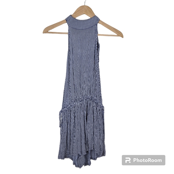 Faithfull the Brand Blue White Vertical Stripe Tie Neck Open Back Romper Sz S - Picture 1 of 9